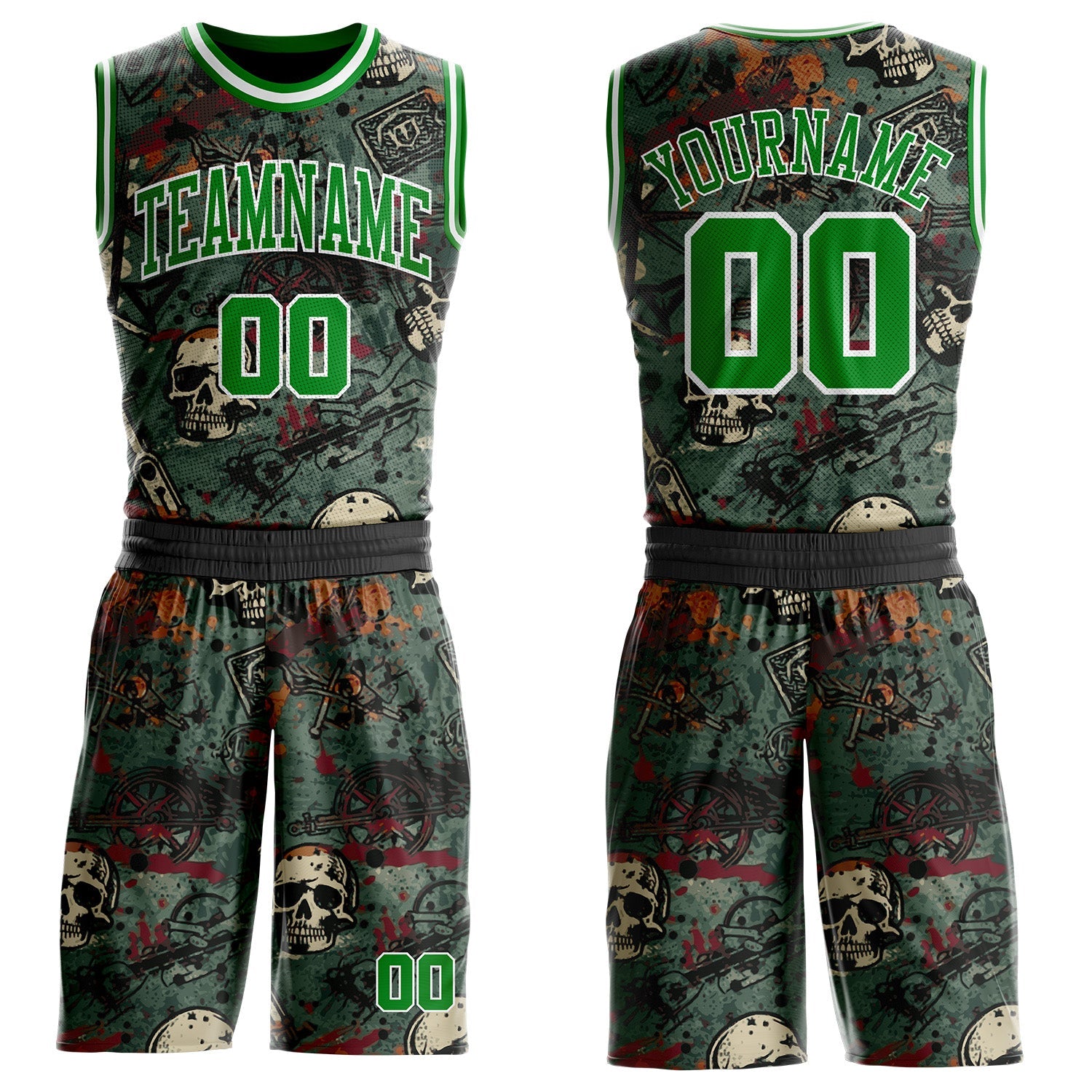 Custom Black Grass Green-White Distressed Skulls Round Neck Sublimation Basketball Uniform Jersey - Main View