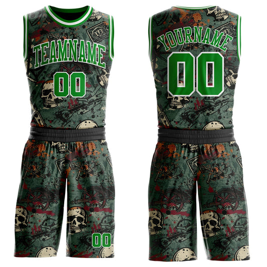 Custom Black Grass Green-White Distressed Skulls Round Neck Sublimation Basketball Uniform Jersey - Main View