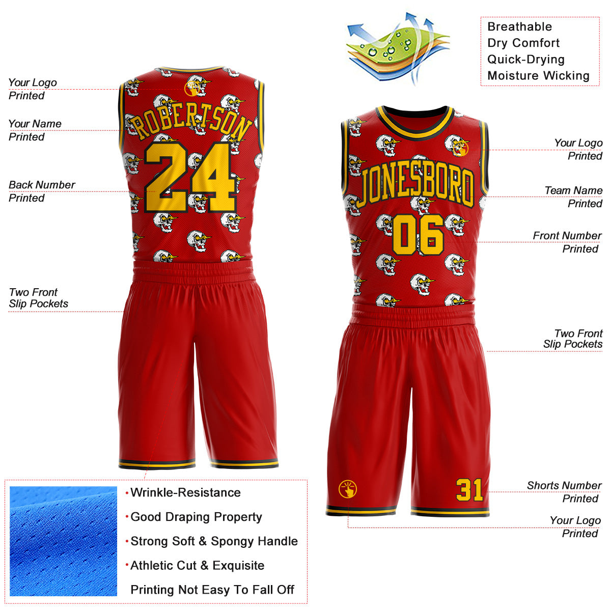 Custom Red Yellow-Black Lightning Skulls Round Neck Sublimation Basketball Uniform Jersey view 2