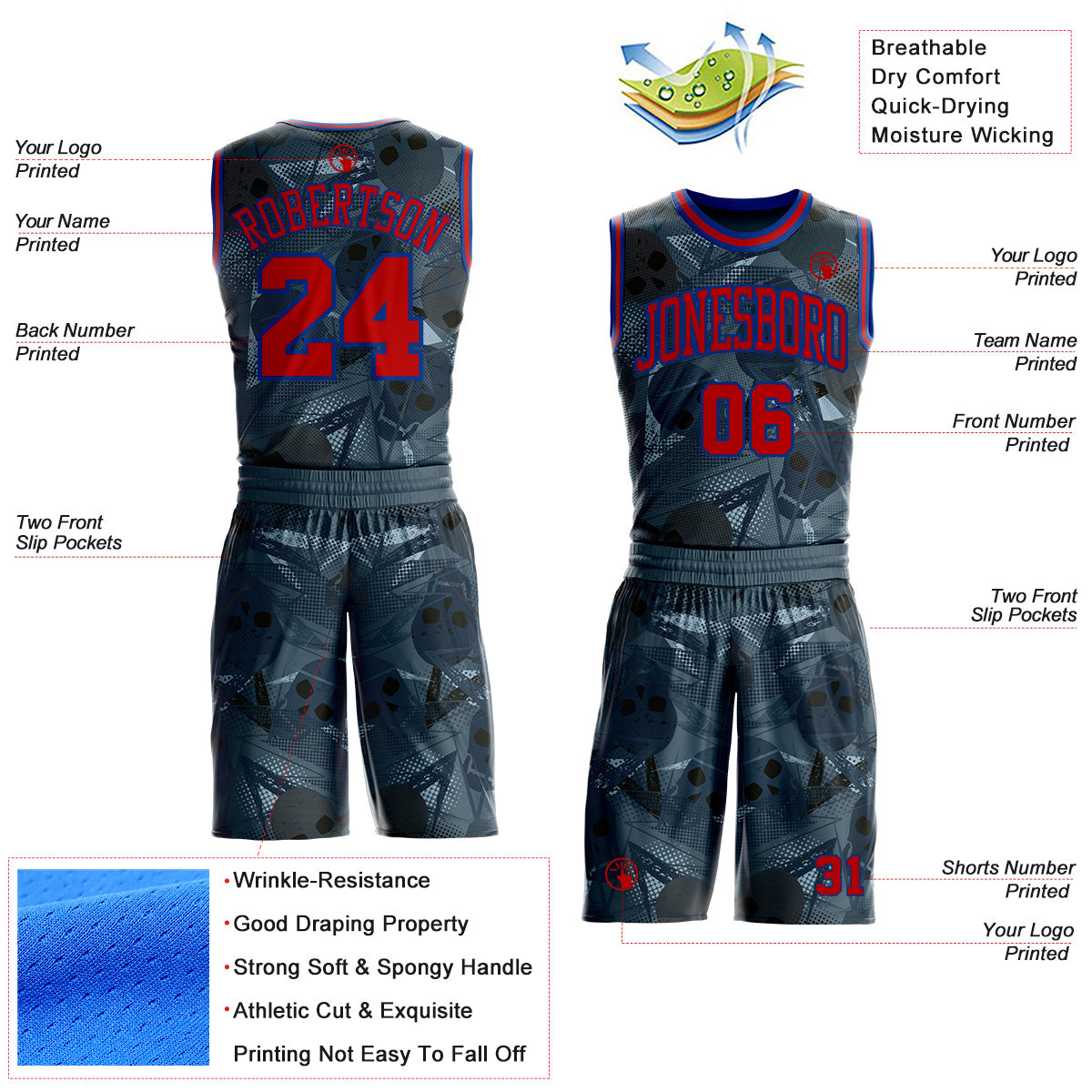 Custom Blue Red-Royal Geometric Skulls Round Neck Sublimation Basketball Uniform Jersey view 2