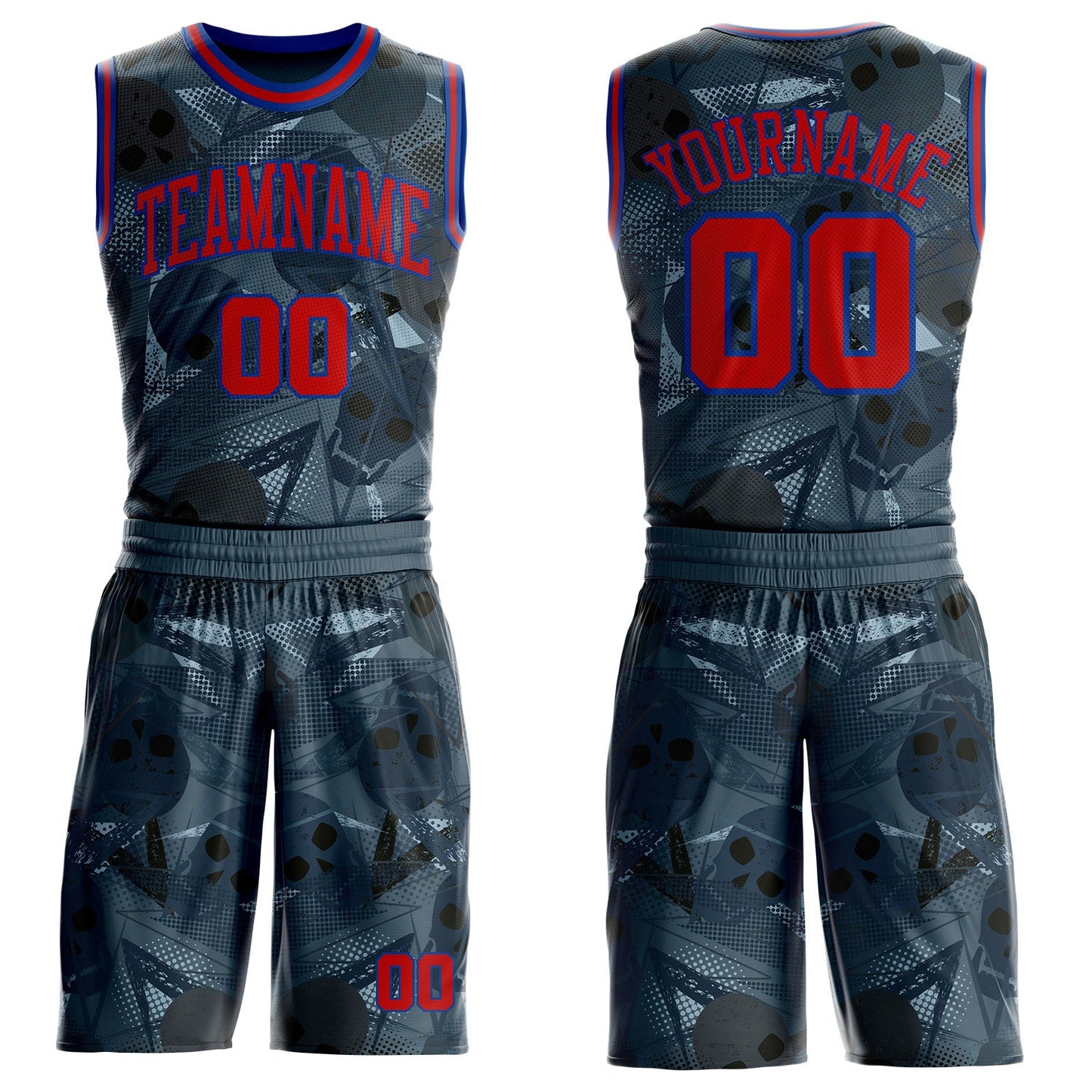 Custom Blue Red-Royal Geometric Skulls Round Neck Sublimation Basketball Uniform Jersey - Main View