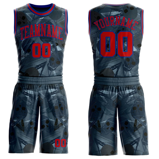 Custom Blue Red-Royal Geometric Skulls Round Neck Sublimation Basketball Uniform Jersey - Main View