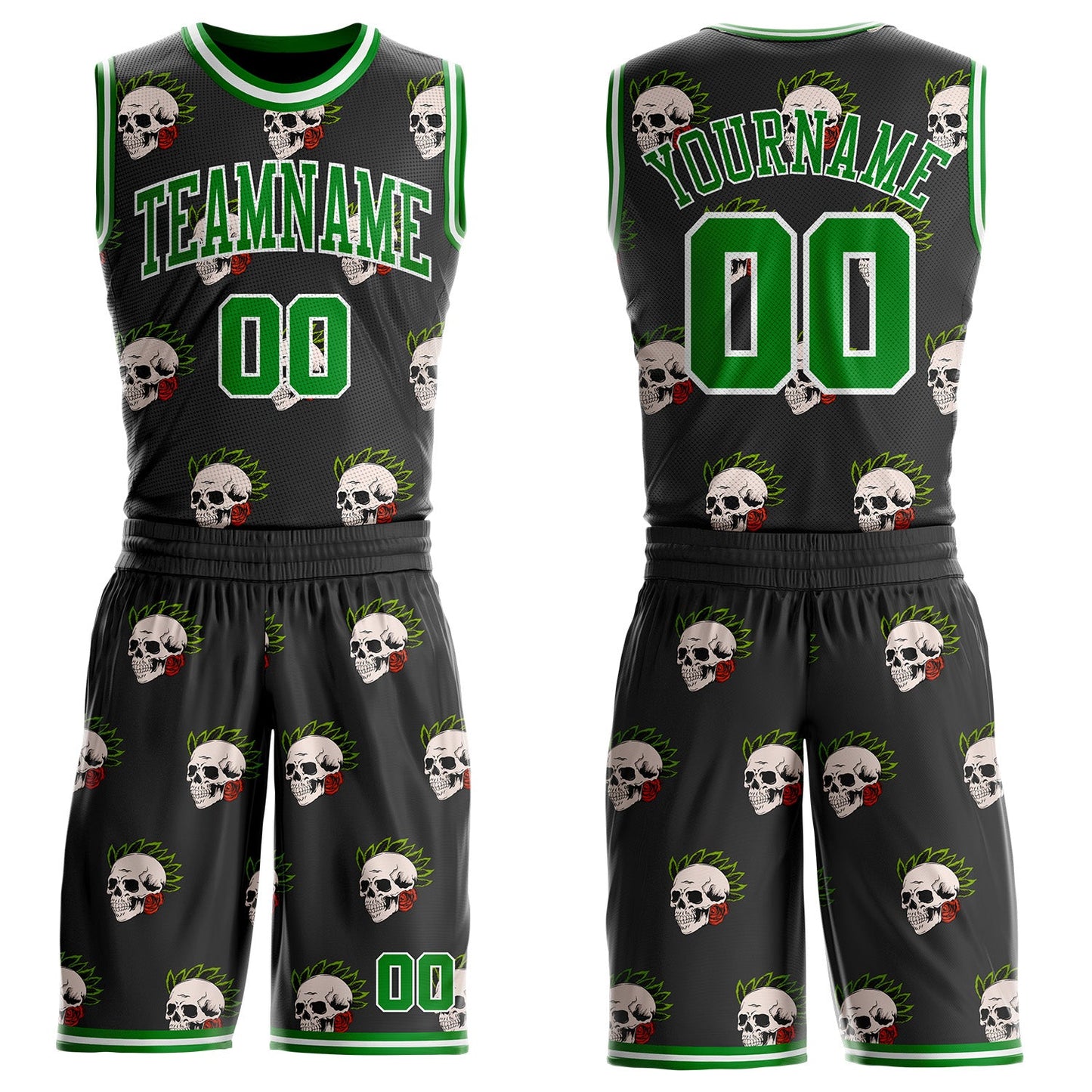 Custom Black Grass Green-White Tropical Skulls Round Neck Sublimation Basketball Uniform Jersey - Main View