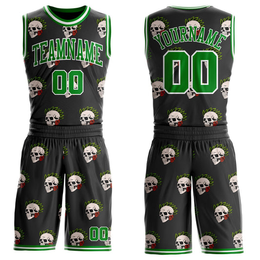 Custom Black Grass Green-White Tropical Skulls Round Neck Sublimation Basketball Uniform Jersey - Main View