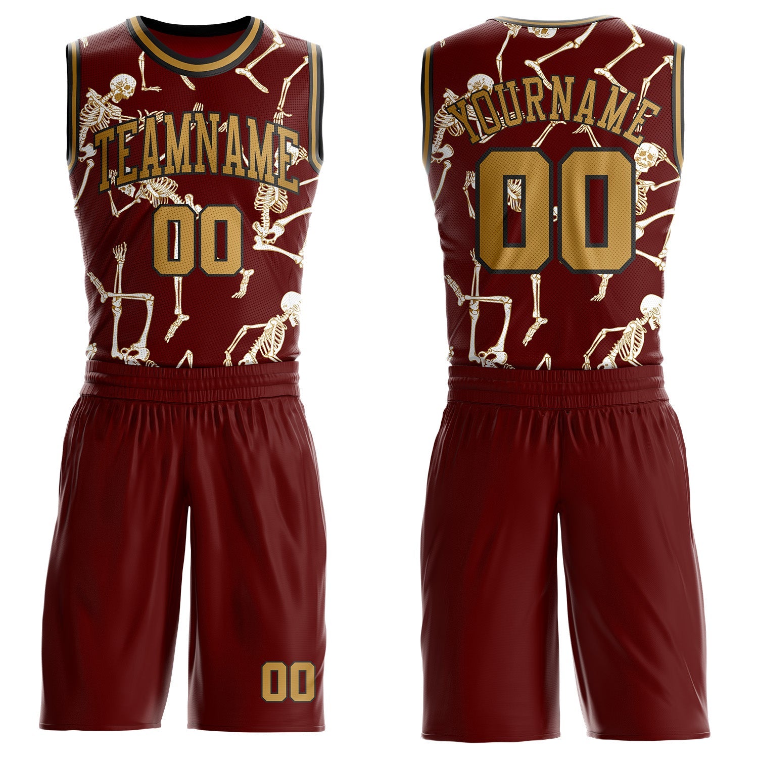 Custom Red Old Gold-Black Gothic Grunge Skeleton Round Neck Sublimation Basketball Uniform Jersey - Main View