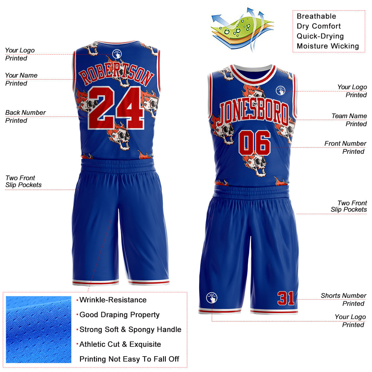 Custom Royal Red-White Fire Skulls Round Neck Sublimation Basketball Uniform Jersey view 2