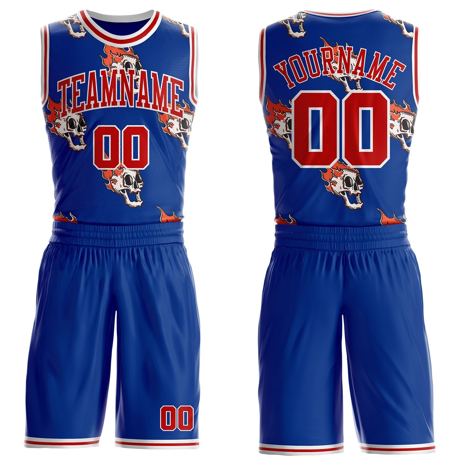 Custom Royal Red-White Fire Skulls Round Neck Sublimation Basketball Uniform Jersey - Main View