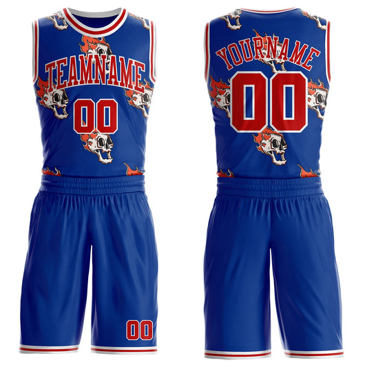 Custom Royal Red-White Fire Skulls Round Neck Sublimation Basketball Uniform Jersey - Main View