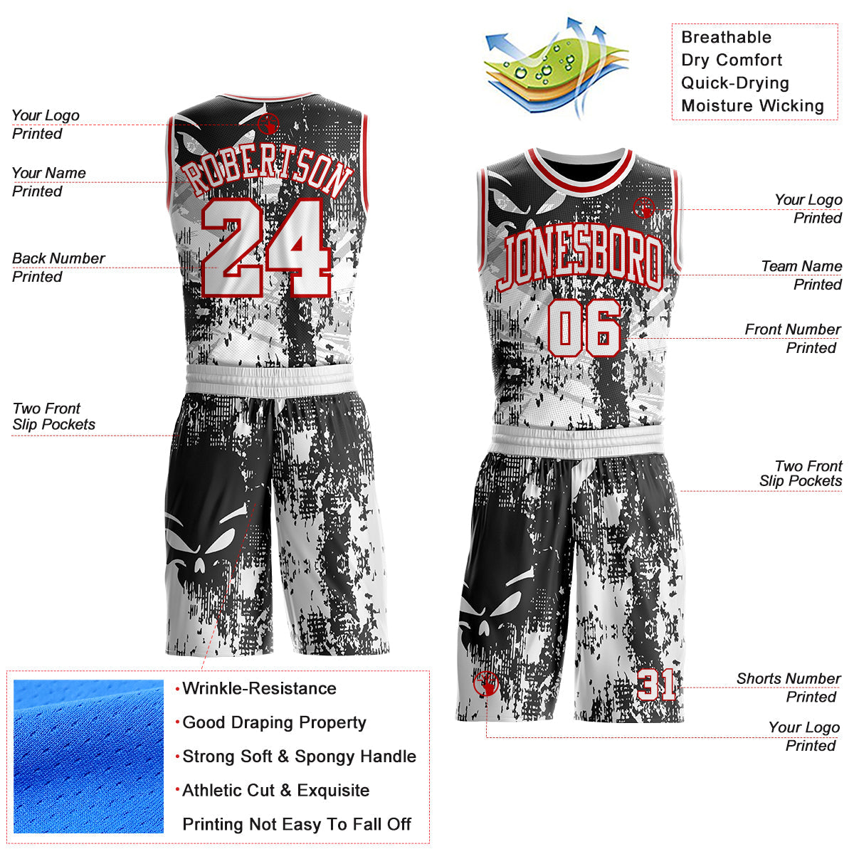 Custom Black White-Red Gothic Grunge Skeleton Round Neck Sublimation Basketball Uniform Jersey view 2