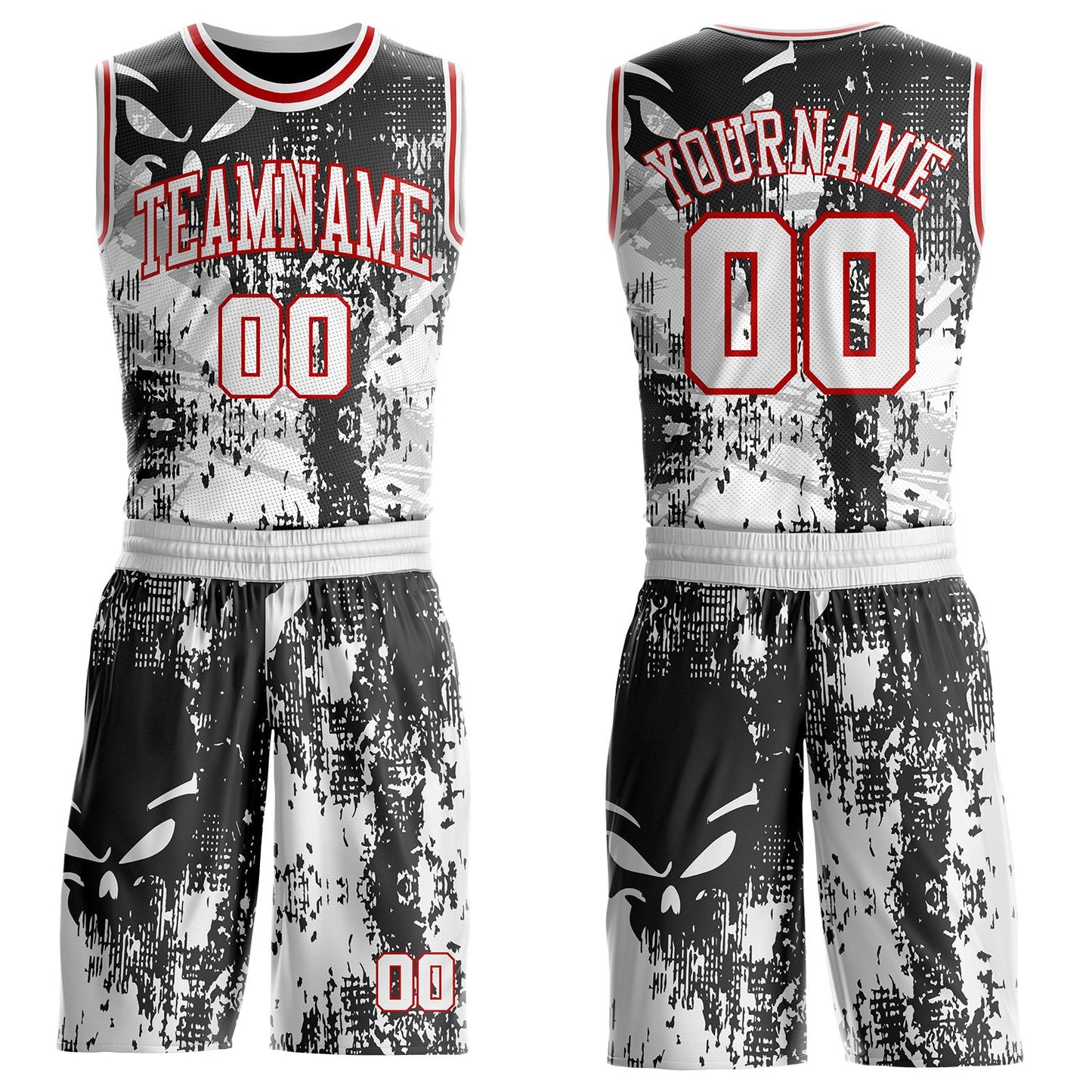 Custom Black White-Red Gothic Grunge Skeleton Round Neck Sublimation Basketball Uniform Jersey - Main View