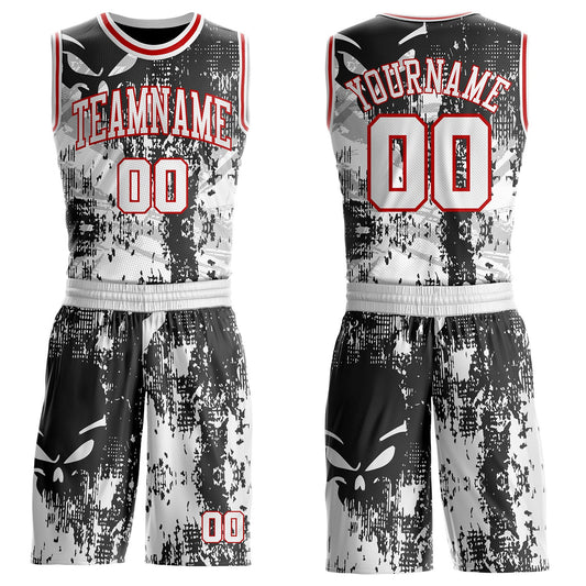 Custom Black White-Red Gothic Grunge Skeleton Round Neck Sublimation Basketball Uniform Jersey - Main View