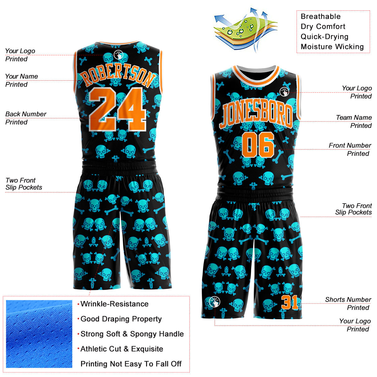 Custom Black Bay Orange-White Neon Skulls Round Neck Sublimation Basketball Uniform Jersey view 2