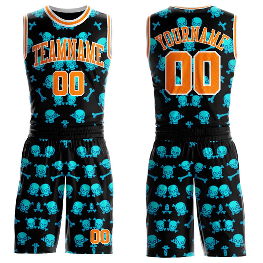 Custom Black Bay Orange-White Neon Skulls Round Neck Sublimation Basketball Uniform Jersey - Main View