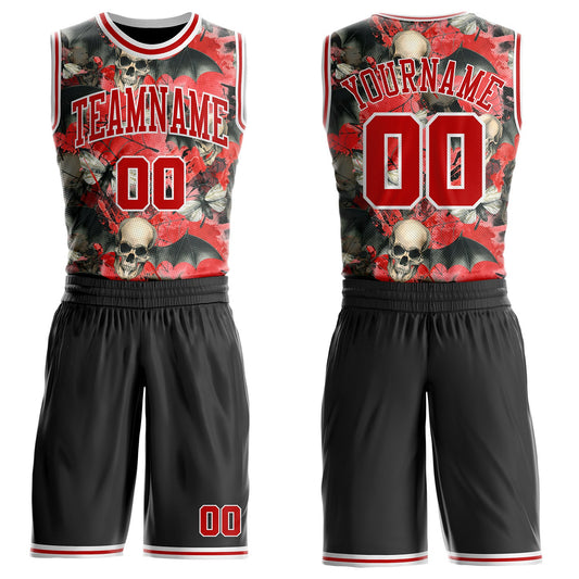 Custom Black Red-White Gothic Skulls Round Neck Sublimation Basketball Uniform Jersey - Main View