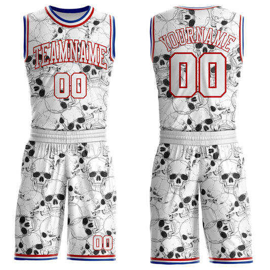 Custom White Red-Royal Skulls Round Neck Sublimation Basketball Uniform Jersey - Main View