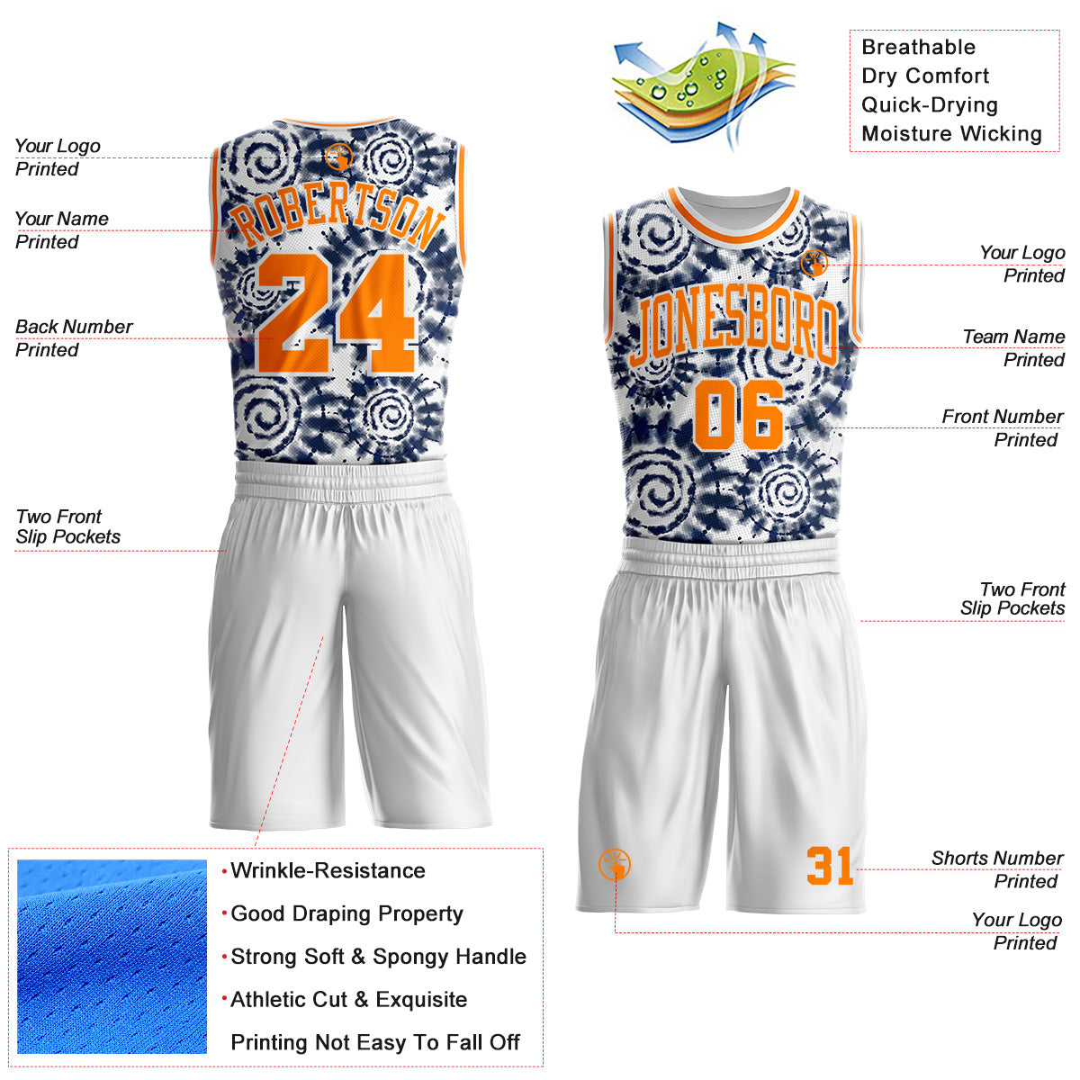 Custom Tie Dye Bay Orange-White Swirl Round Neck Sublimation Basketball Uniform Jersey view 2