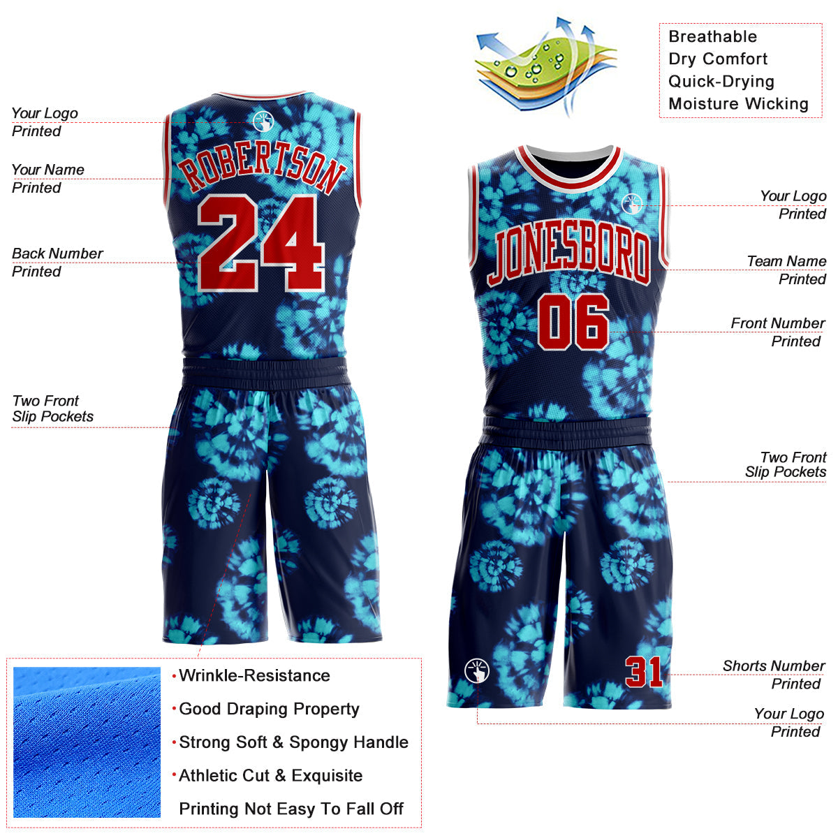 Custom Tie Dye Red-White Swirl Round Neck Sublimation Basketball Uniform Jersey view 2