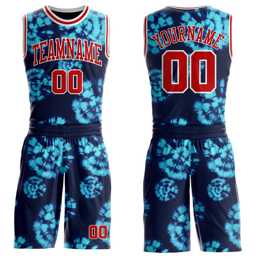 Custom Tie Dye Red-White Swirl Round Neck Sublimation Basketball Uniform Jersey - Main View
