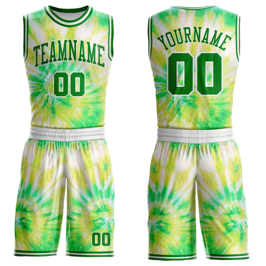 Custom Tie Dye Grass Green-White Swirl Round Neck Sublimation Basketball Uniform Jersey - Main View