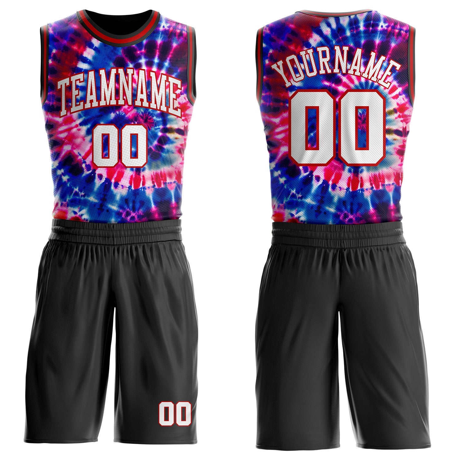 Custom Tie Dye White Red-Black Swirl Round Neck Sublimation Basketball Uniform Jersey - Main View