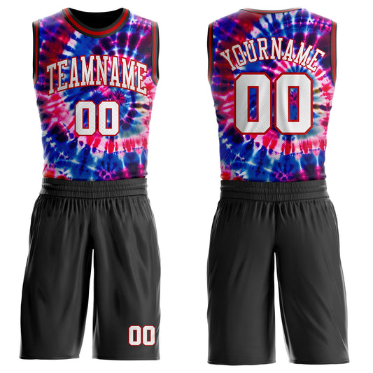 Custom Tie Dye White Red-Black Swirl Round Neck Sublimation Basketball Uniform Jersey - Main View