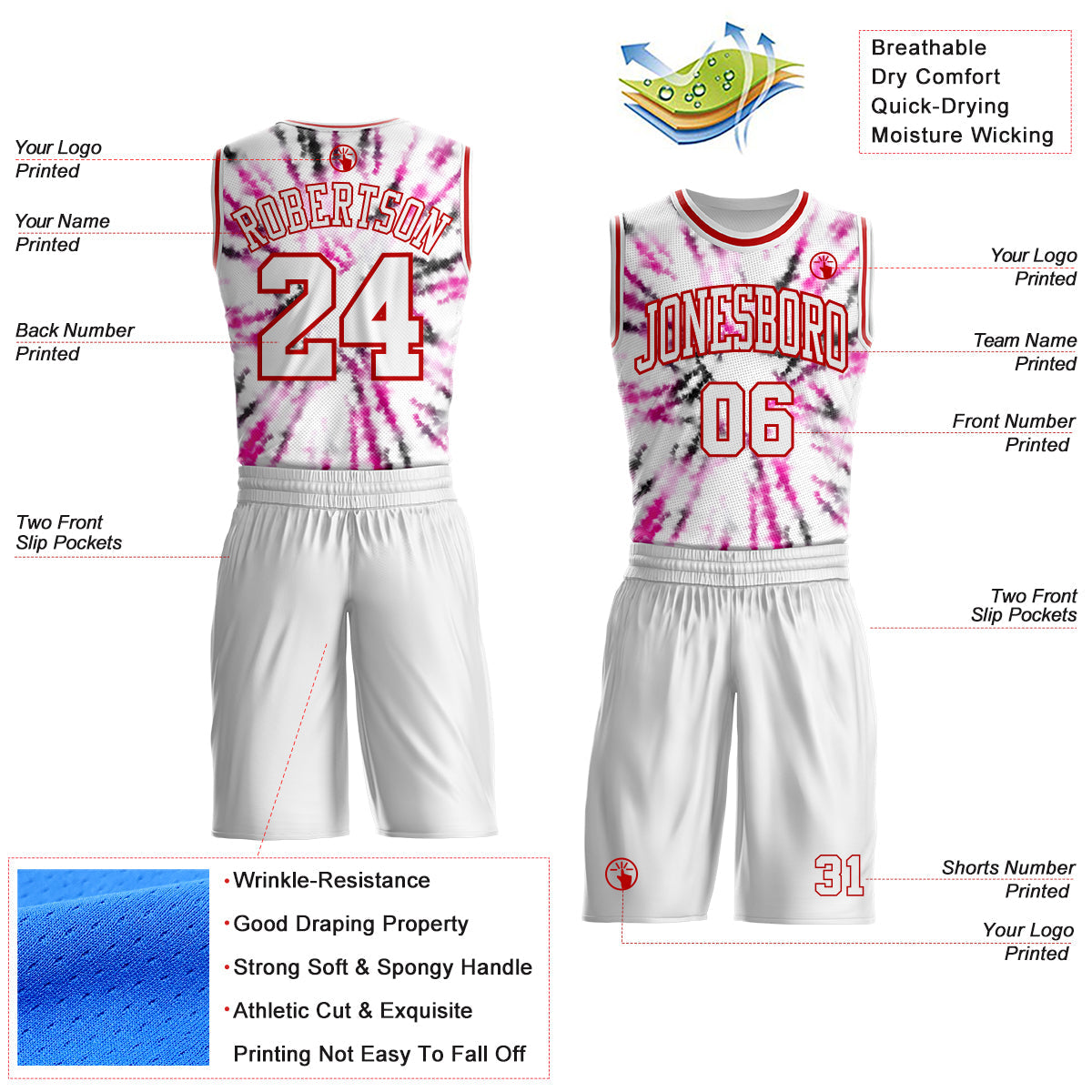 Custom Tie Dye White-Red Swirl Round Neck Sublimation Basketball Uniform Jersey view 2