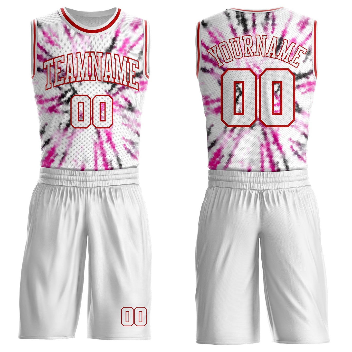 Custom Tie Dye White-Red Swirl Round Neck Sublimation Basketball Uniform Jersey - Main View