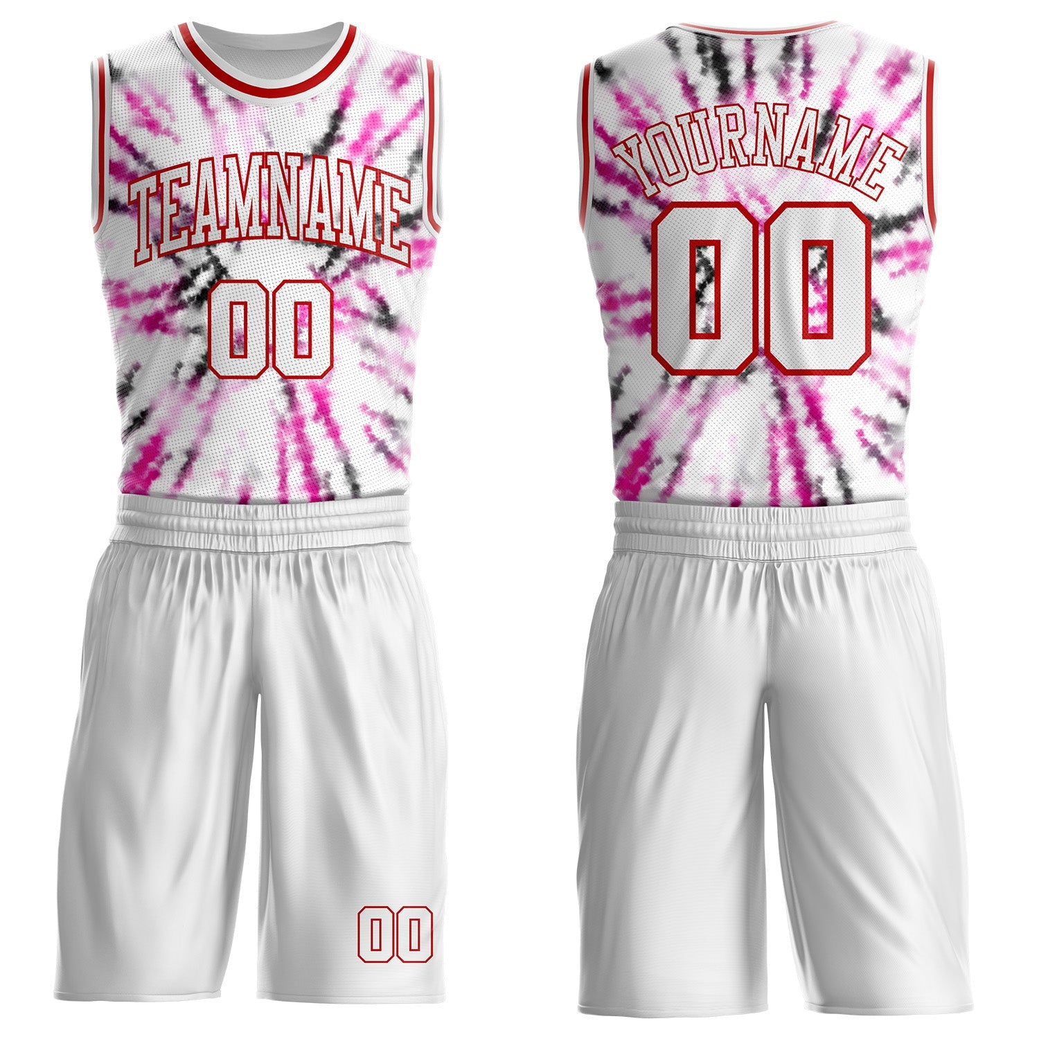 Custom Tie Dye White-Red Swirl Round Neck Sublimation Basketball Uniform Jersey - Main View