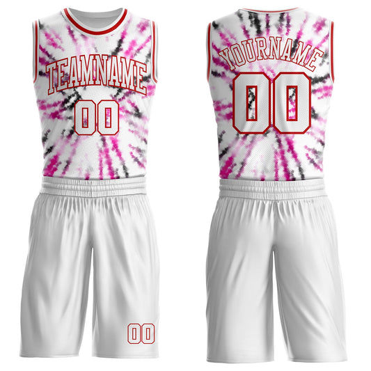 Custom Tie Dye White-Red Swirl Round Neck Sublimation Basketball Uniform Jersey - Main View