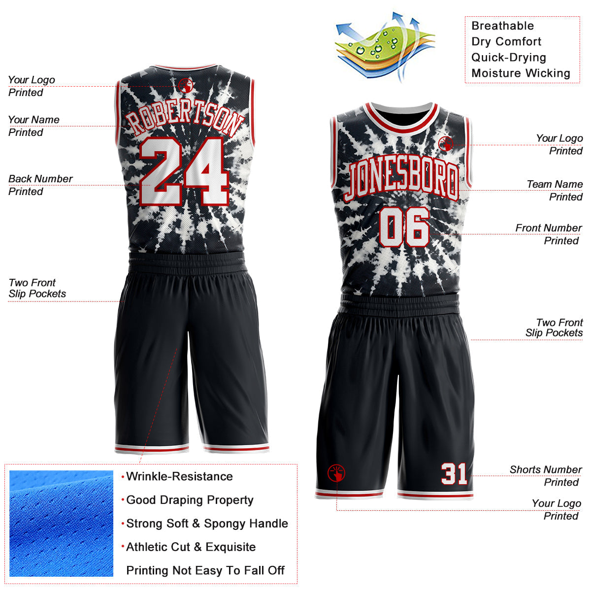 Custom Tie Dye White-Red Swirl Round Neck Sublimation Basketball Uniform Jersey view 2