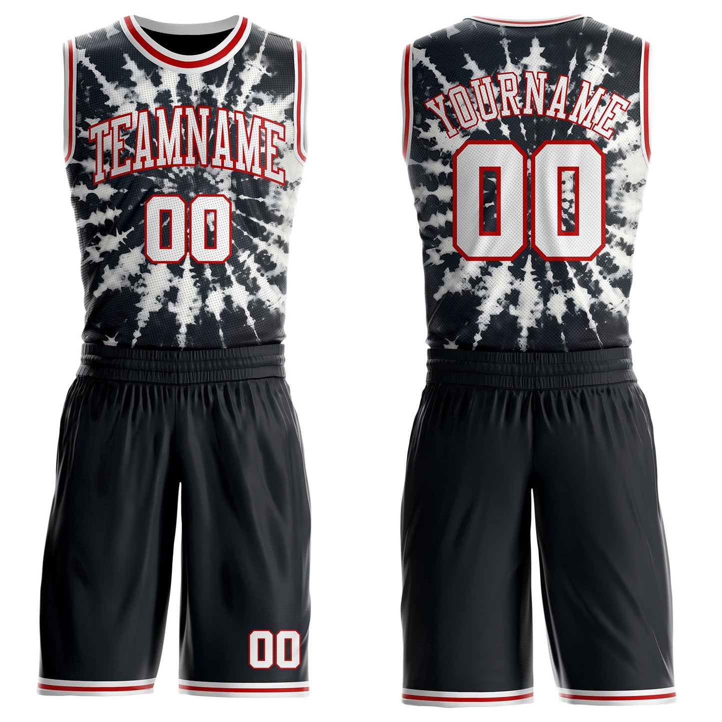 Custom Tie Dye White-Red Swirl Round Neck Sublimation Basketball Uniform Jersey - Main View