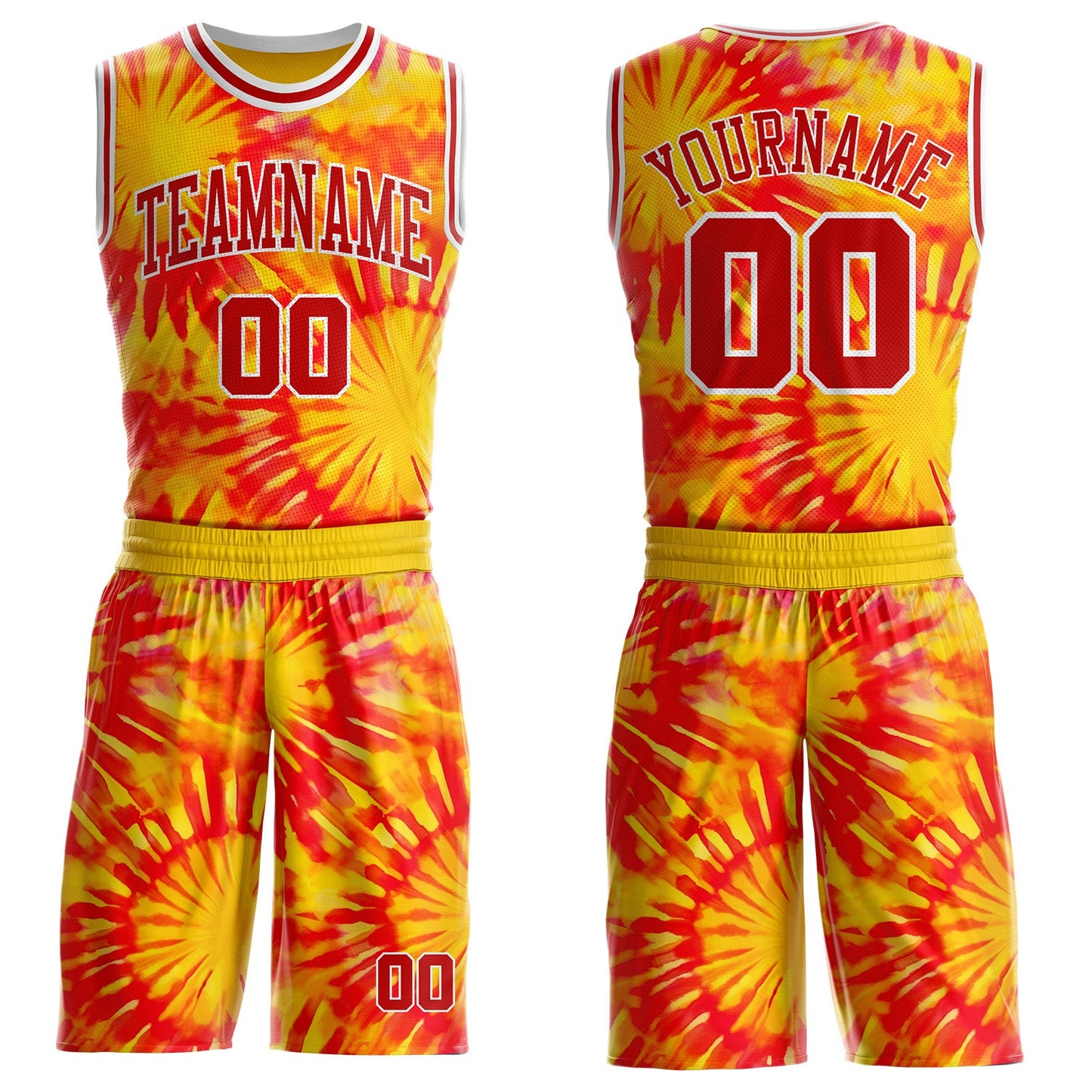 Custom Tie Dye Red-White Swirl Round Neck Sublimation Basketball Uniform Jersey - Main View