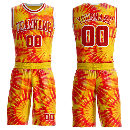Custom Tie Dye Red-White Swirl Round Neck Sublimation Basketball Uniform Jersey - Main View