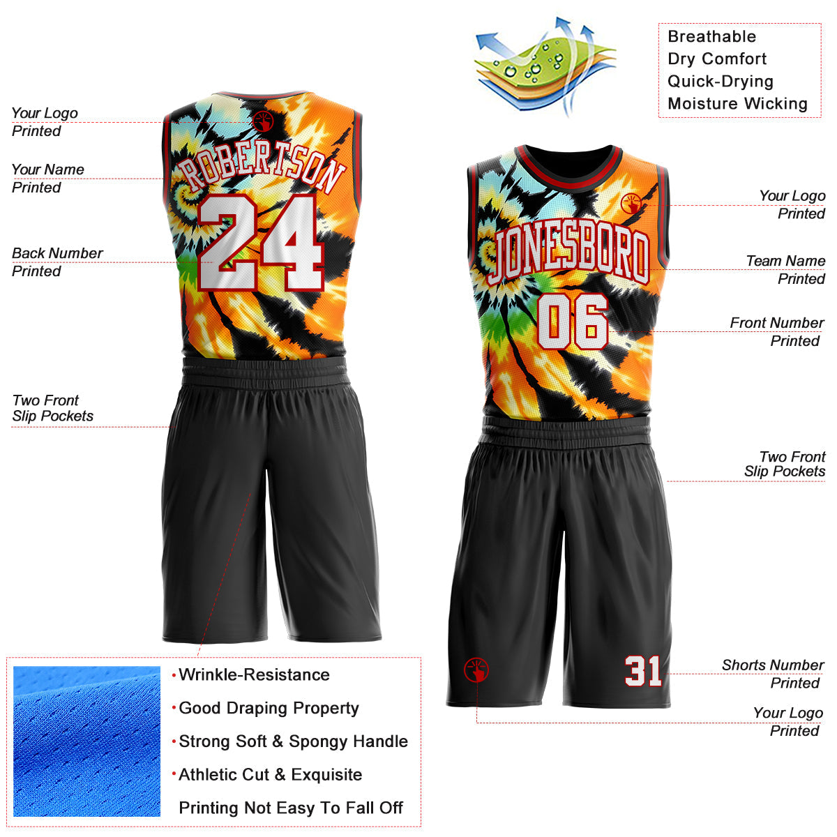 Custom Tie Dye White Red-Black Swirl Round Neck Sublimation Basketball Uniform Jersey view 2