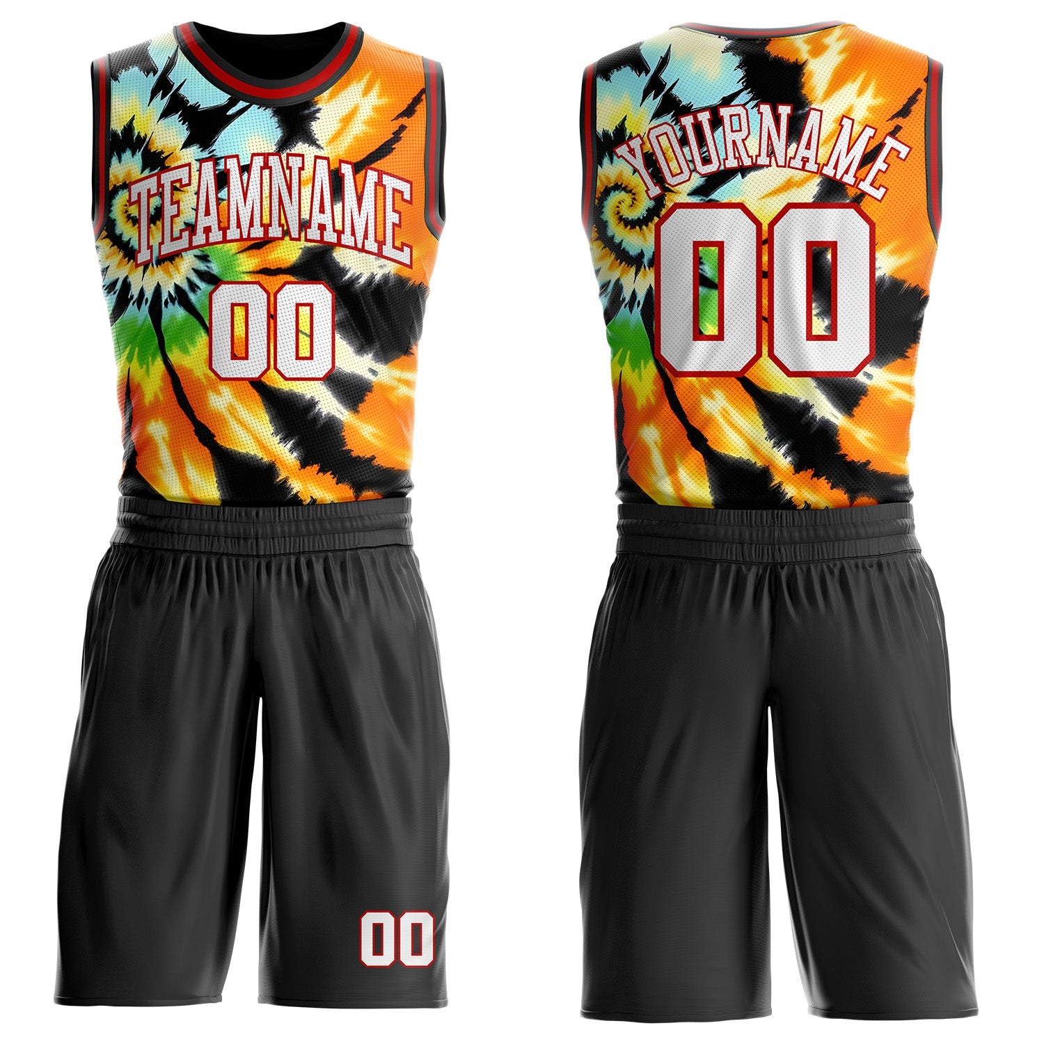 Custom Tie Dye White Red-Black Swirl Round Neck Sublimation Basketball Uniform Jersey - Main View