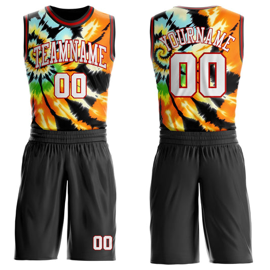 Custom Tie Dye White Red-Black Swirl Round Neck Sublimation Basketball Uniform Jersey - Main View