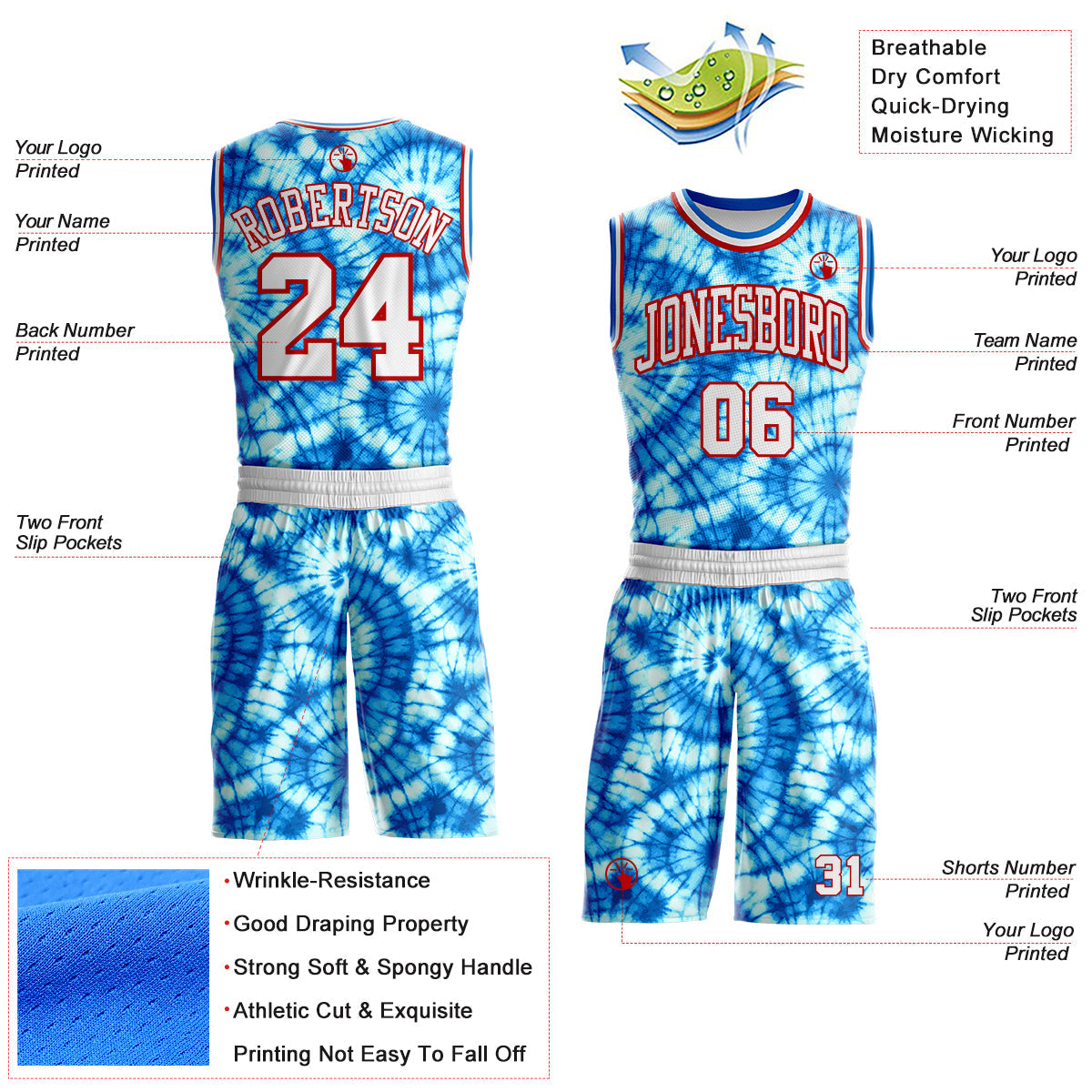 Custom Tie Dye White Red-Blue Swirl Round Neck Sublimation Basketball Uniform Jersey view 2