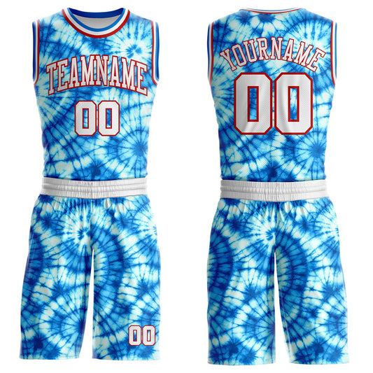 Custom Tie Dye White Red-Blue Swirl Round Neck Sublimation Basketball Uniform Jersey - Main View