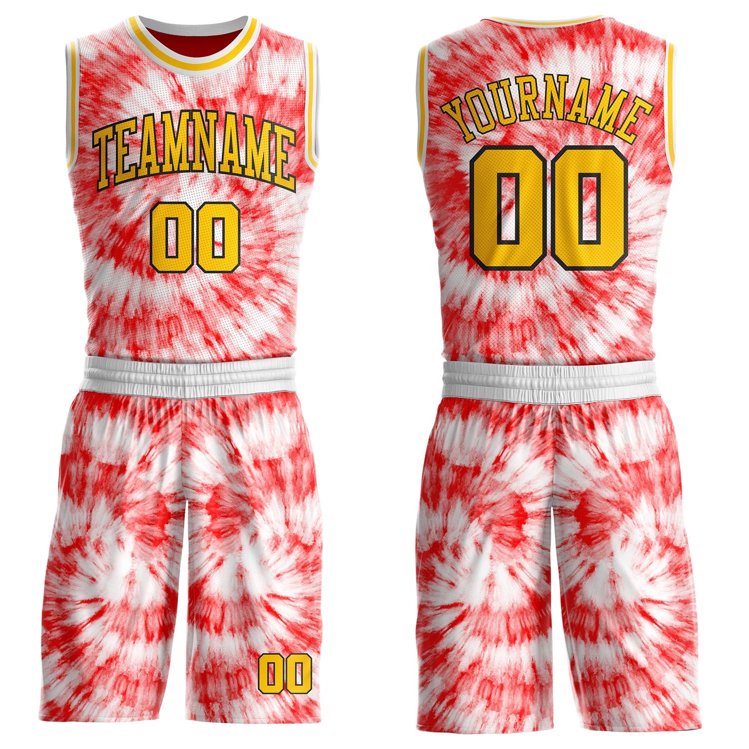 Custom Tie Dye Yellow Black-White Swirl Round Neck Sublimation Basketball Uniform Jersey - Main View