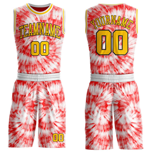 Custom Tie Dye Yellow Black-White Swirl Round Neck Sublimation Basketball Uniform Jersey - Main View