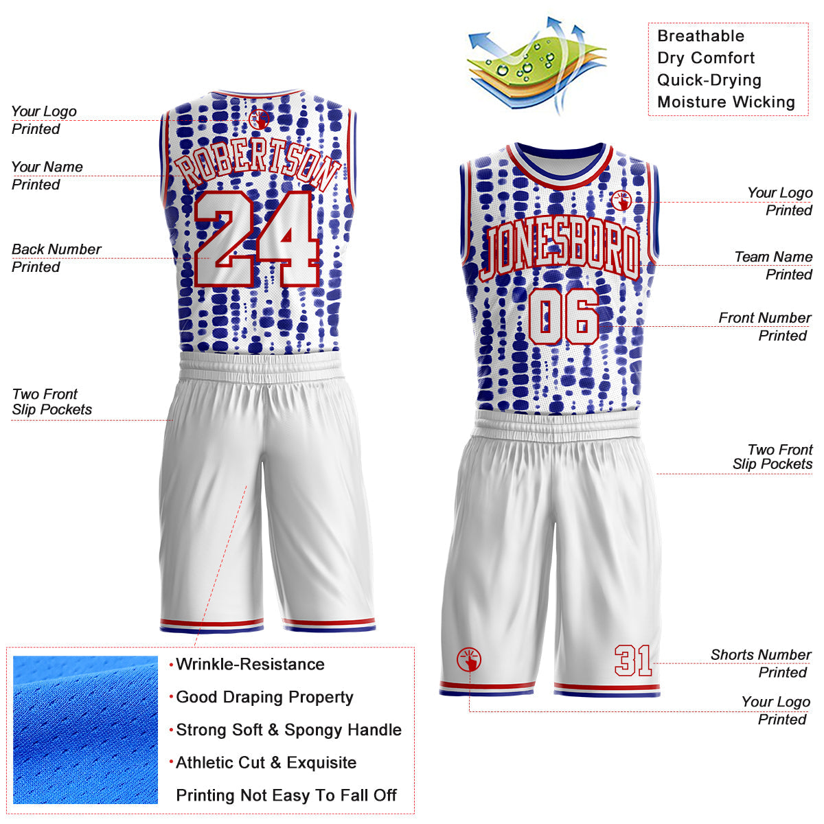 Custom Tie Dye White Red-Blue Stripe Round Neck Sublimation Basketball Uniform Jersey view 2