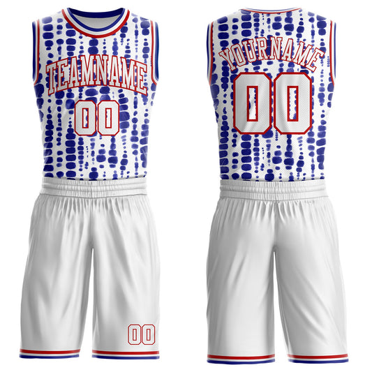 Custom Tie Dye White Red-Blue Stripe Round Neck Sublimation Basketball Uniform Jersey - Main View