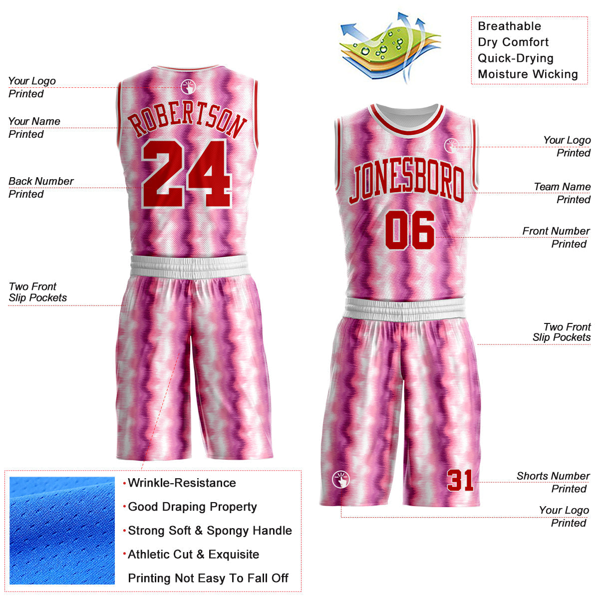 Custom Tie Dye Red-White Stripe Round Neck Sublimation Basketball Uniform Jersey view 2