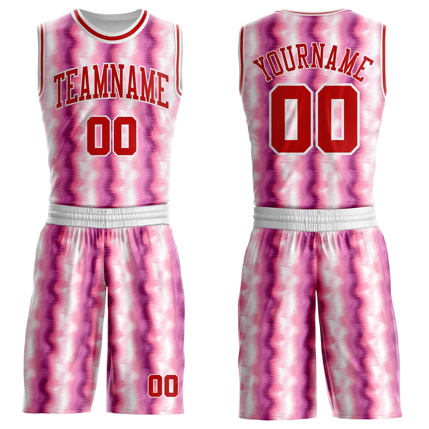 Custom Tie Dye Red-White Stripe Round Neck Sublimation Basketball Uniform Jersey - Main View