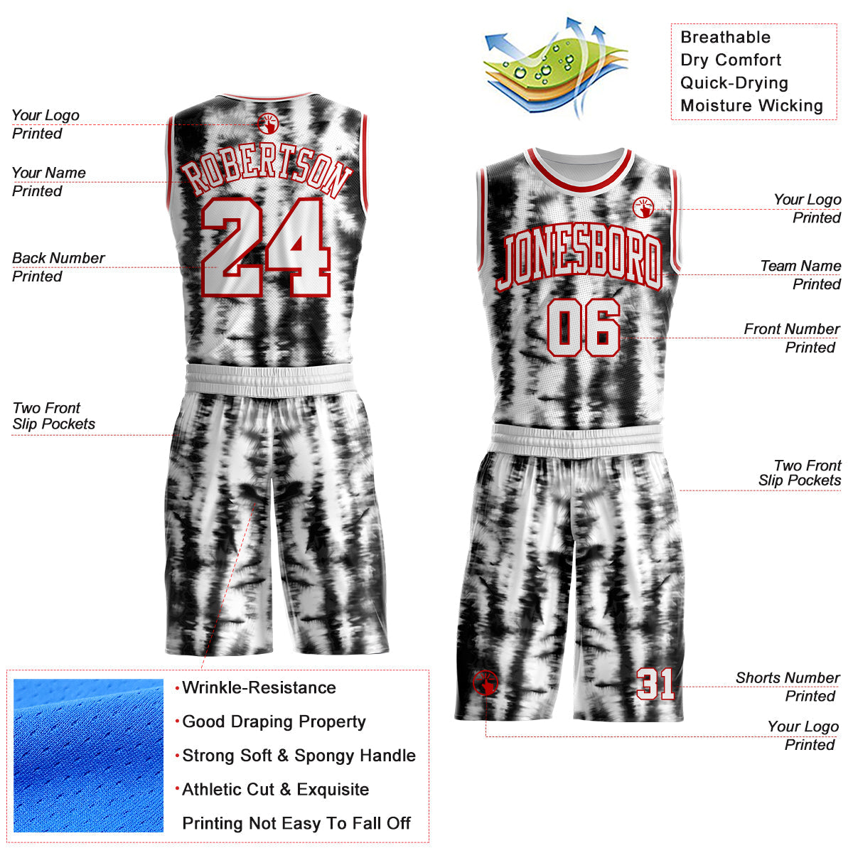 Custom Tie Dye White-Red Stripe Round Neck Sublimation Basketball Uniform Jersey view 2