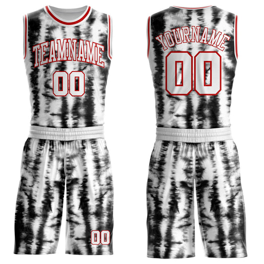 Custom Tie Dye White-Red Stripe Round Neck Sublimation Basketball Uniform Jersey - Main View