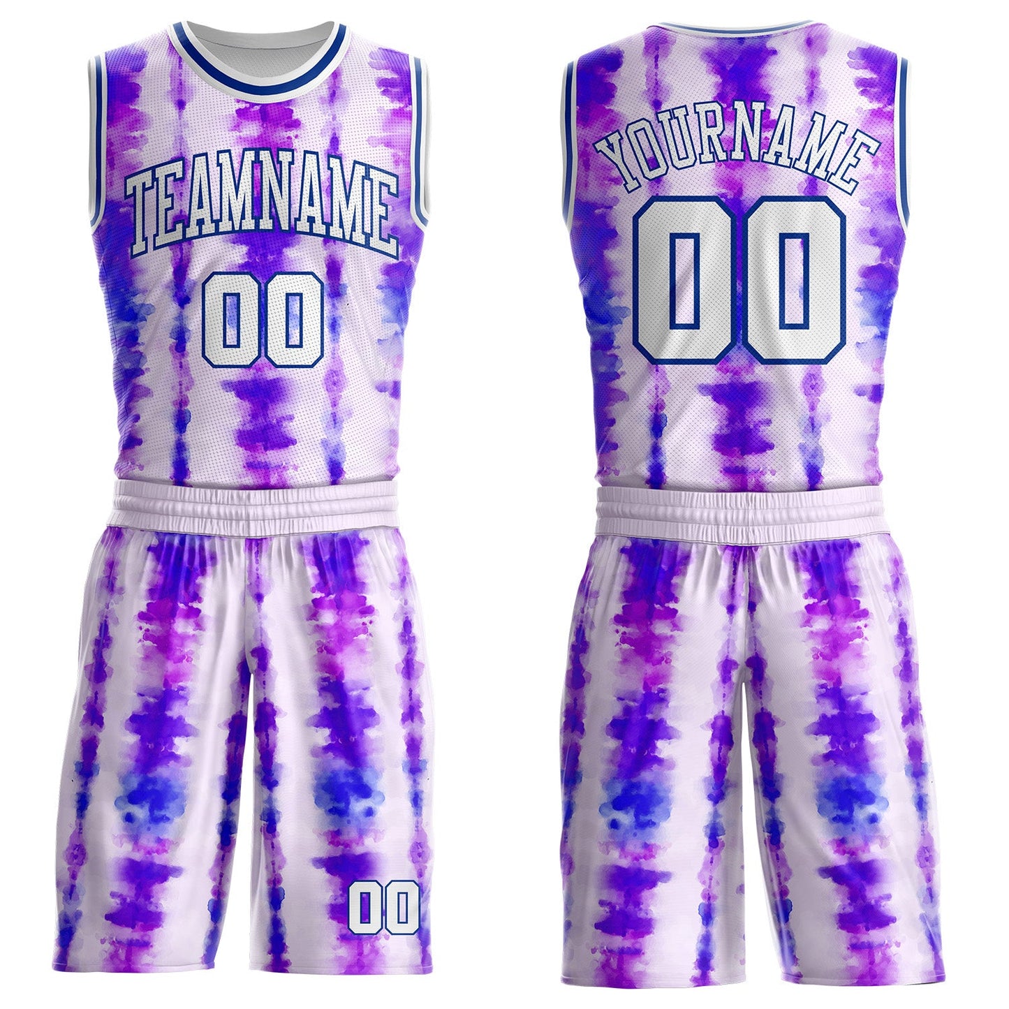 Custom Tie Dye White-Royal Stripe Round Neck Sublimation Basketball Uniform Jersey - Main View