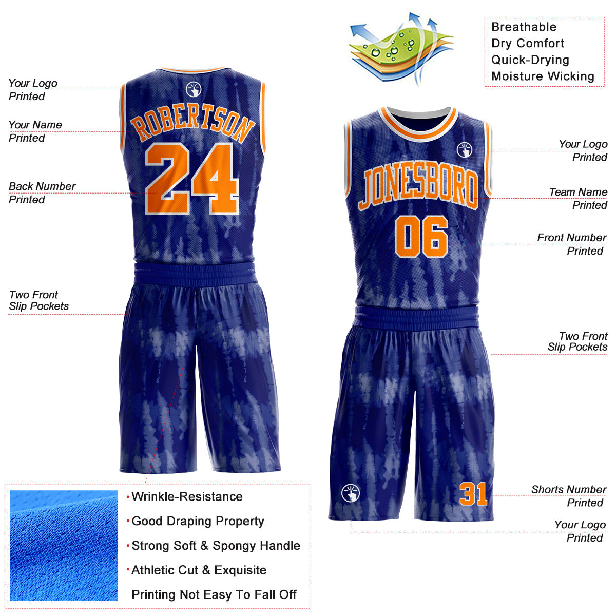 Custom Tie Dye Bay Orange-White Stripe Round Neck Sublimation Basketball Uniform Jersey view 2