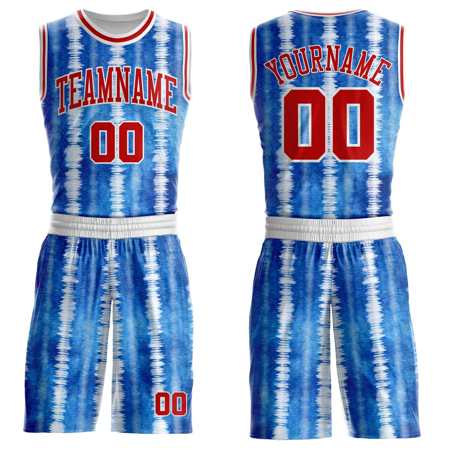 Custom Tie Dye Red-White Stripe Round Neck Sublimation Basketball Uniform Jersey - Main View