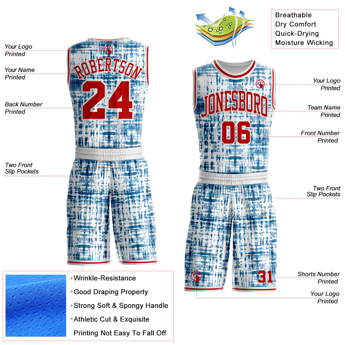 Custom Tie Dye Red-White Abstract Grid Round Neck Sublimation Basketball Uniform Jersey view 2